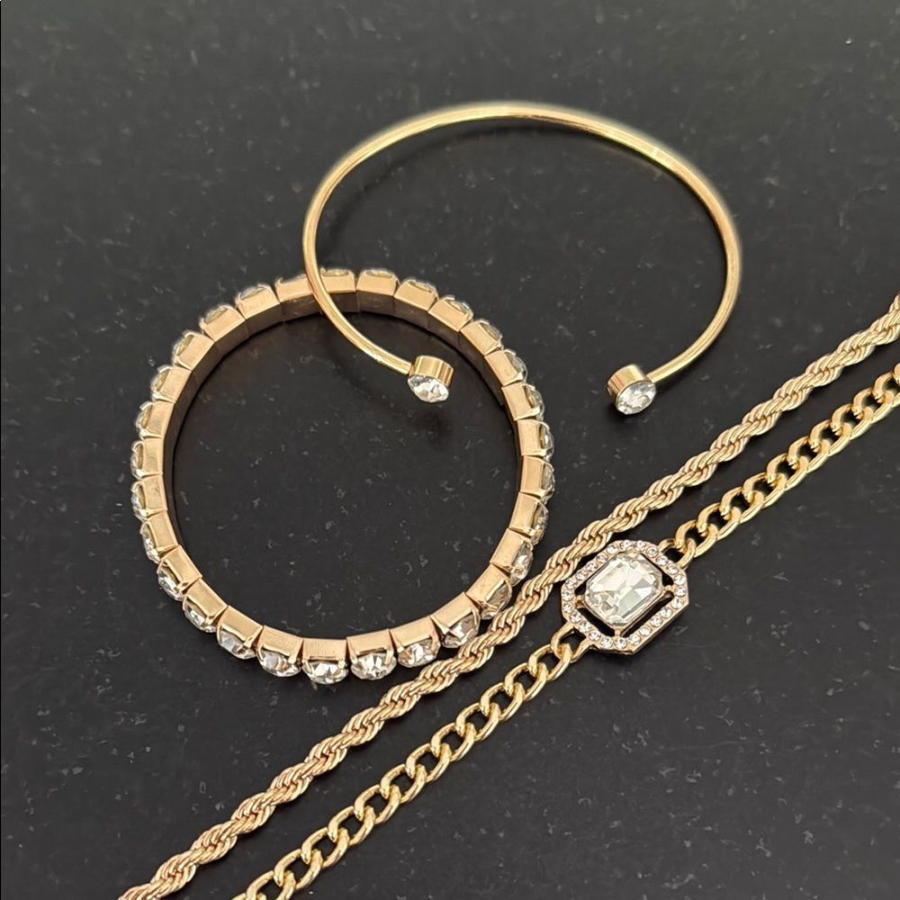 4 Gold Tone Bracelet Set with Crystals – Cuff, Tennis, Chain, Stretch - Picture 9 of 10